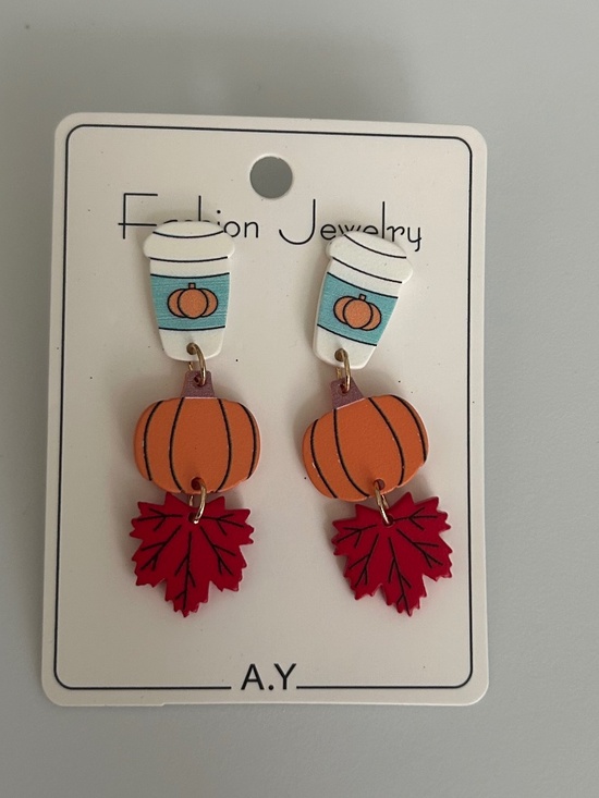 Jewelry - Autumn Drop Earrings  Coffee cup pumpkin Maple leaf NWT